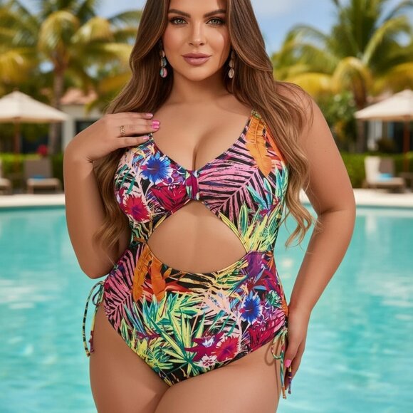 🆕️2XL Vibrant Plus Size Tropical Print Summer Vacay Trendy One Piece Swimsuit - Picture 1 of 12